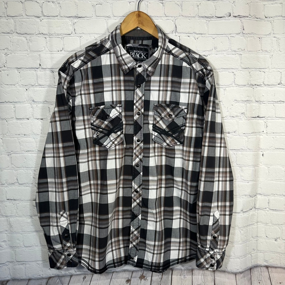 Buckle Black No 48 Mens Plaid Button Down Shirt Black Brown Relaxed Fit L